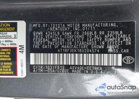 2011 Toyota Camry Le from USA, damaged, VIN 4T1BF3EK1BU204574
